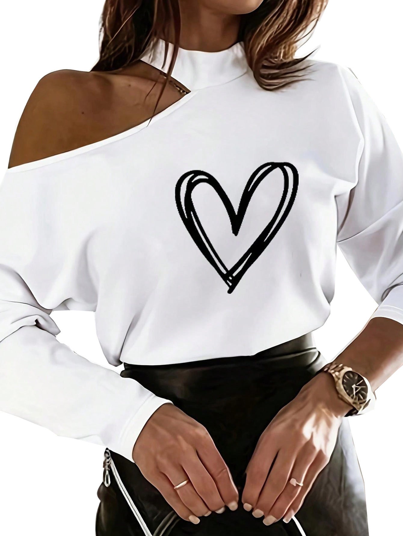 Langärmliges Damen Sweatshirt mit Herz-Print und Off-Shoulder Ausschnitt von berg-feldt