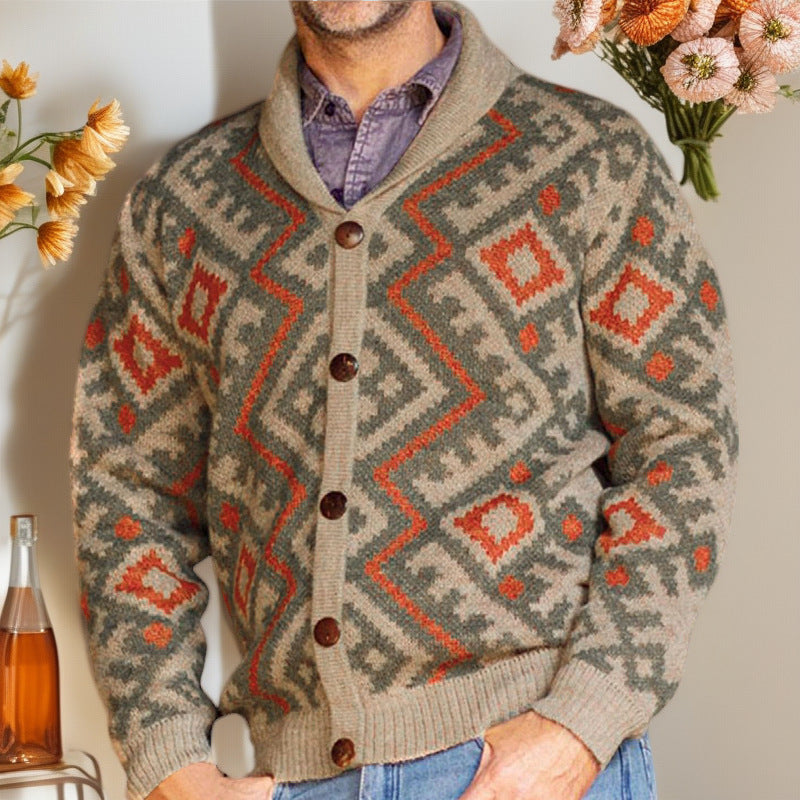 Cardigan homme en maille à motif géométrique traditionnel avec col châle chaud Berg-Feldt