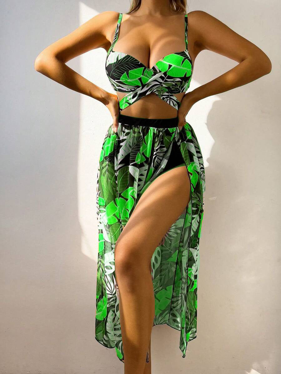 Maillot de bain deux pièces pour femme Berg-Feldt avec imprimé tropical et paréo transparent