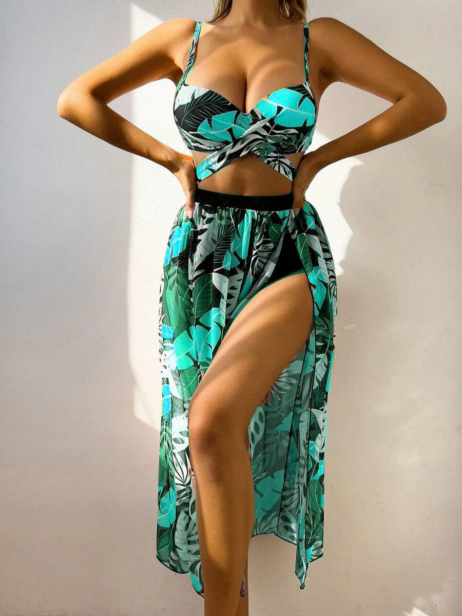 Maillot de bain deux pièces pour femme Berg-Feldt avec imprimé tropical et paréo transparent