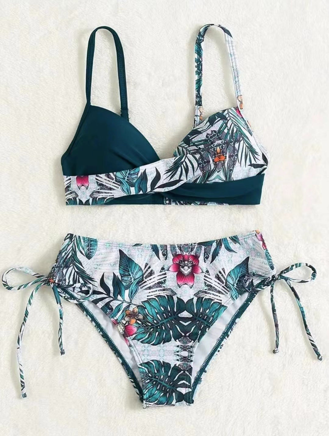 Ensemble de bikini pour femme, modèle triangle, motif tropical, bretelles réglables