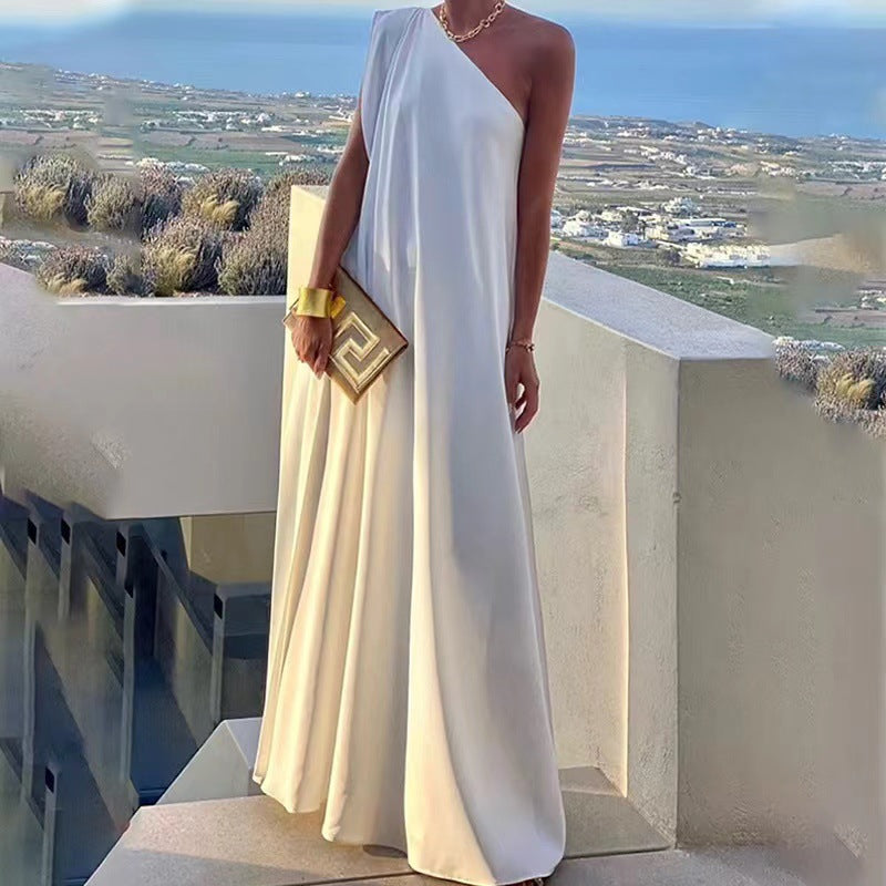 Elegant maxi dress with one shoulder, mountain-field