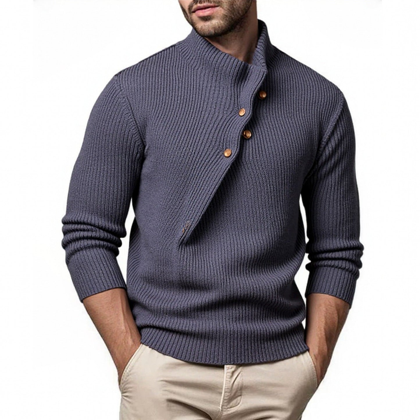 Pull en maille pour hommes à col montant et patte de boutonnage asymétrique Berg-Feldt
