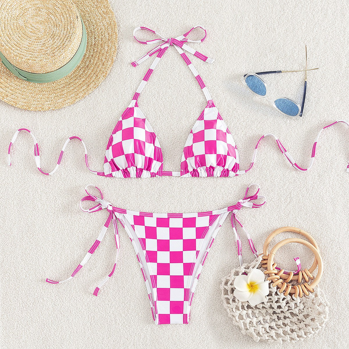 Ensemble de bikini pour femme : Coupe triangle, motif à carreaux fantaisie, bretelles réglables
