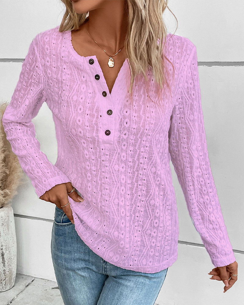 T-shirt à manches longues pour femme Berg-Feldt avec motif perforé et boutons