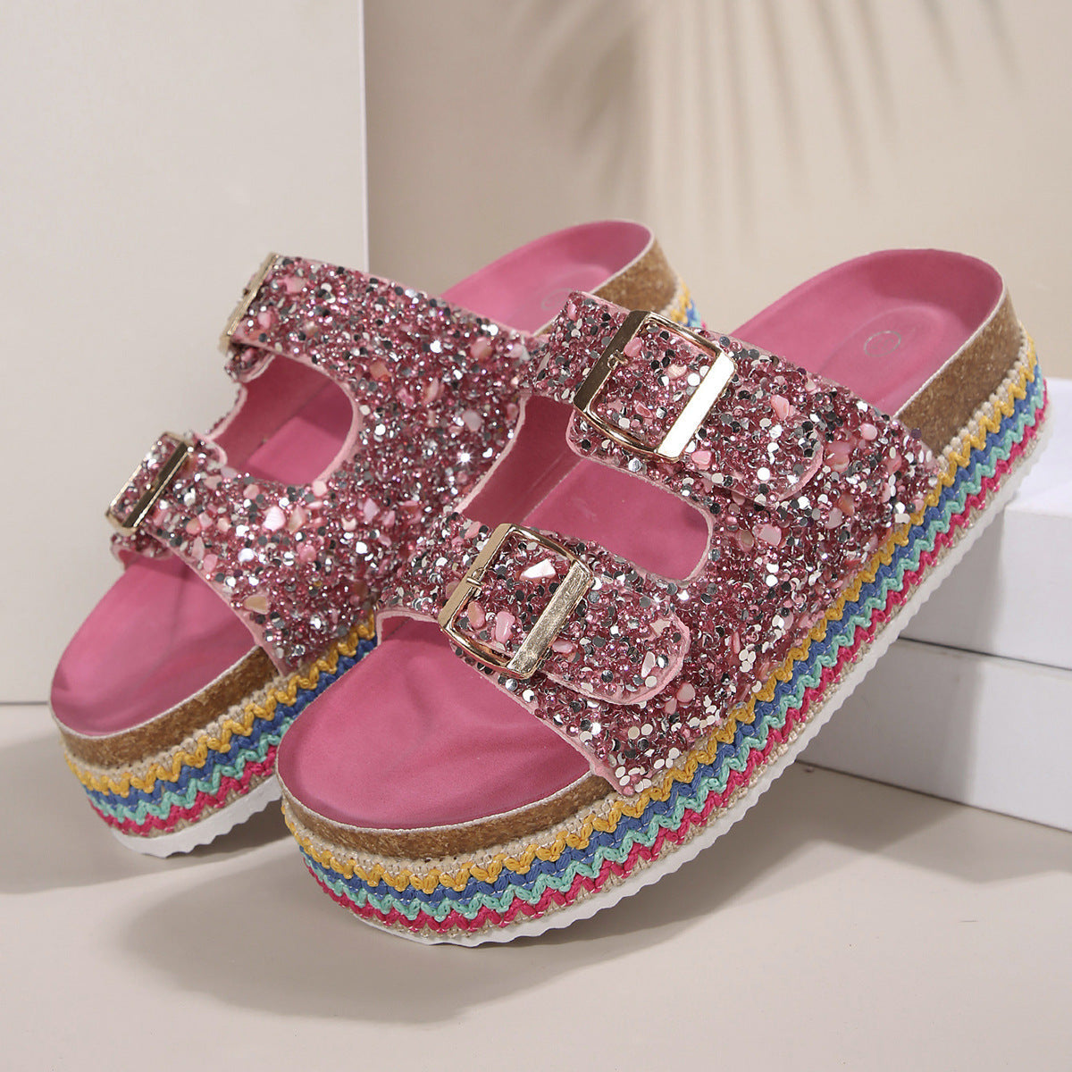 Frauen Plateau-Sandalen mit Glitzer, Doppelriemchen und mehrfarbigem Sohlen-Design