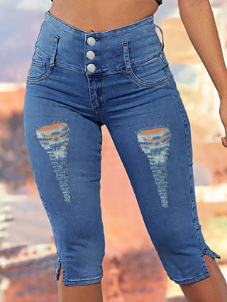 Jean capri taille haute pour femme avec déchirures tendance de berg-feldt