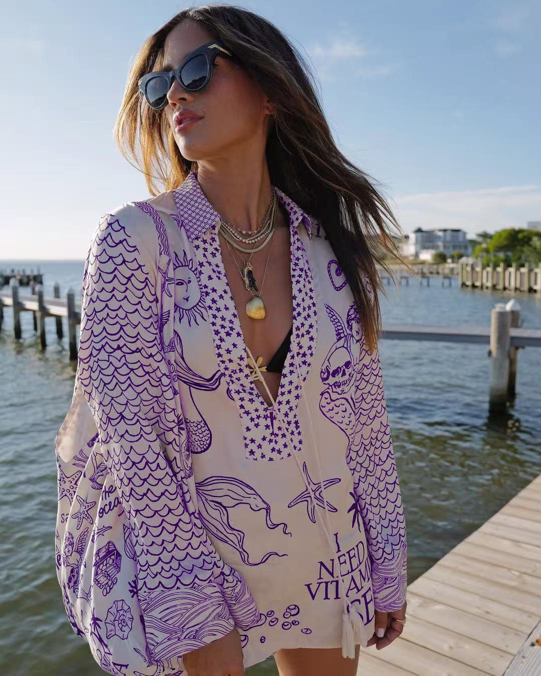 Chemise de plage légère pour femme de berg-feldt, motif marin, décolleté plongeant