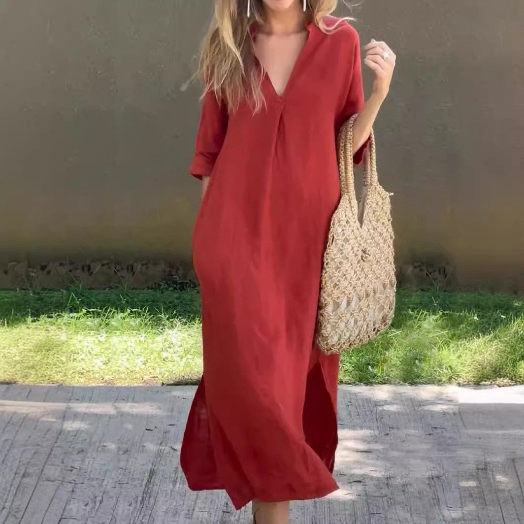 Robe longue décontractée pour femme avec col en V et poches latérales de berg-feldt