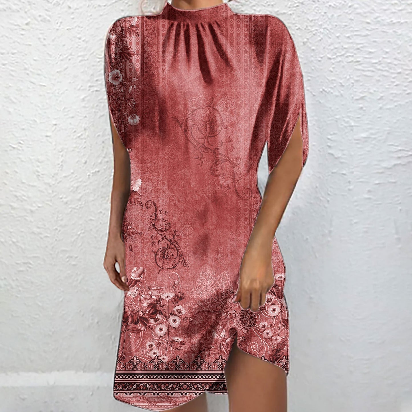 Élégante blouse chauve-souris à manches courtes et col montant imprimée Fudus