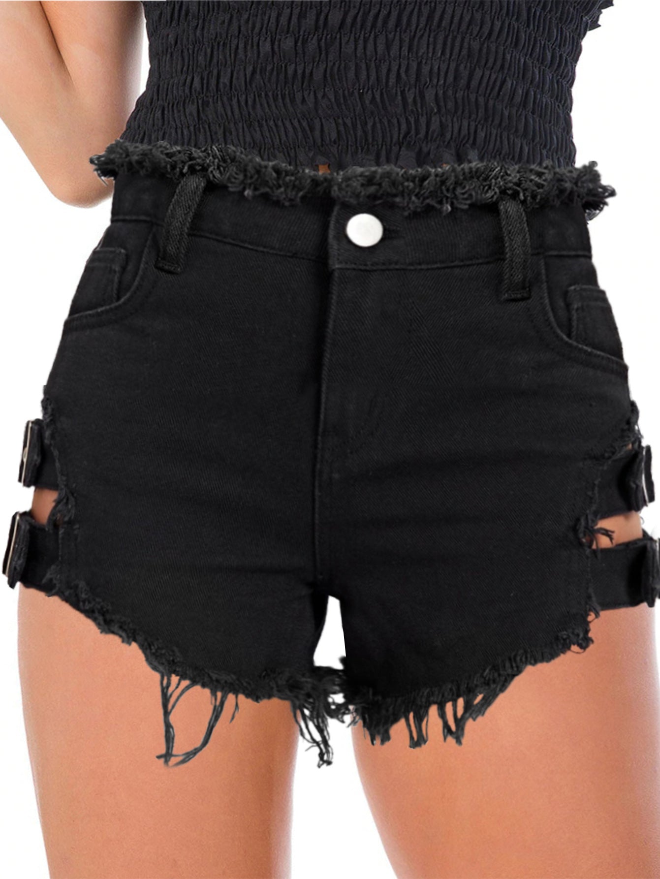 Short en jean à franges et sangle latérale berg-feldt pour femme