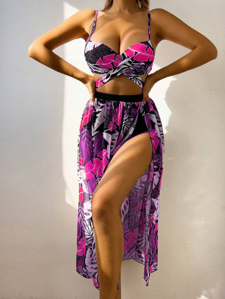 Maillot de bain deux pièces pour femme Berg-Feldt avec imprimé tropical et paréo transparent
