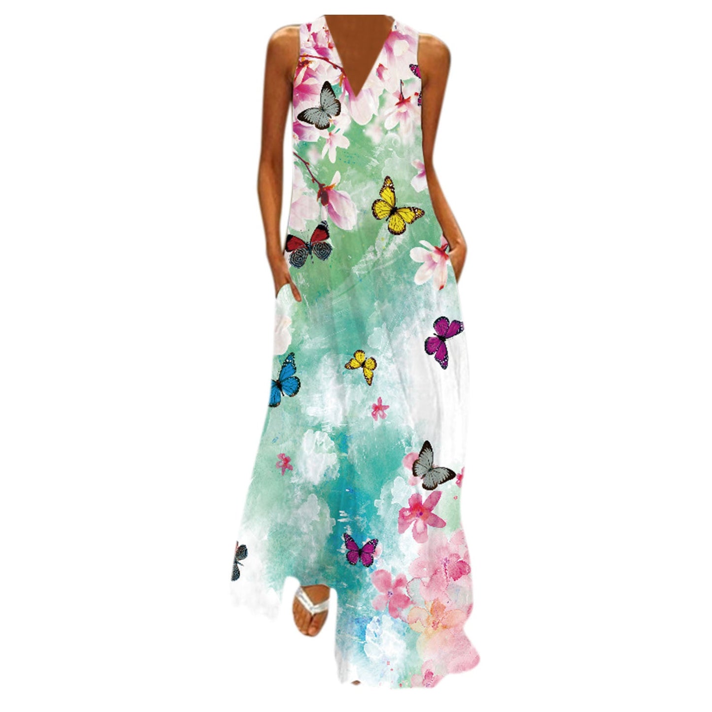 Langes Damenkleid mit Blumenmuster und tiefem V-Ausschnitt von berg-feldt