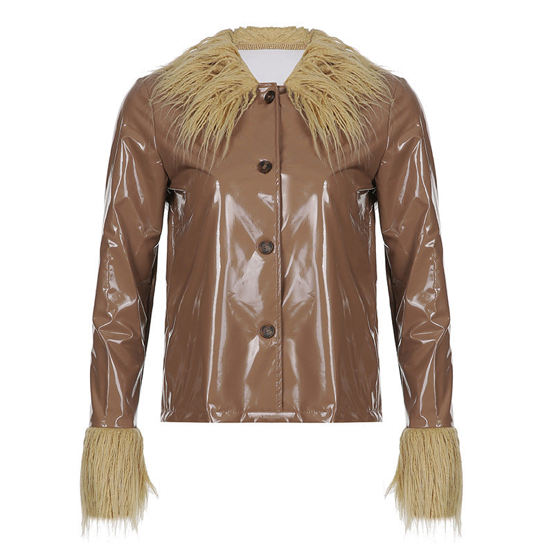 Manteau long féminin en vinyle avec col douillet en fausse fourrure Berg-Feldt