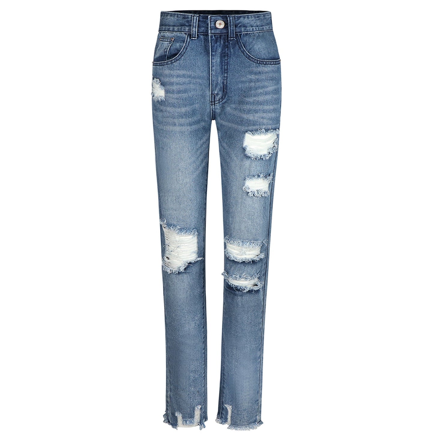 Jeans Berg-Feldt pour femme : De haute qualité, coupe droite, taille haute, ourlet brut et légèrement déchirée.