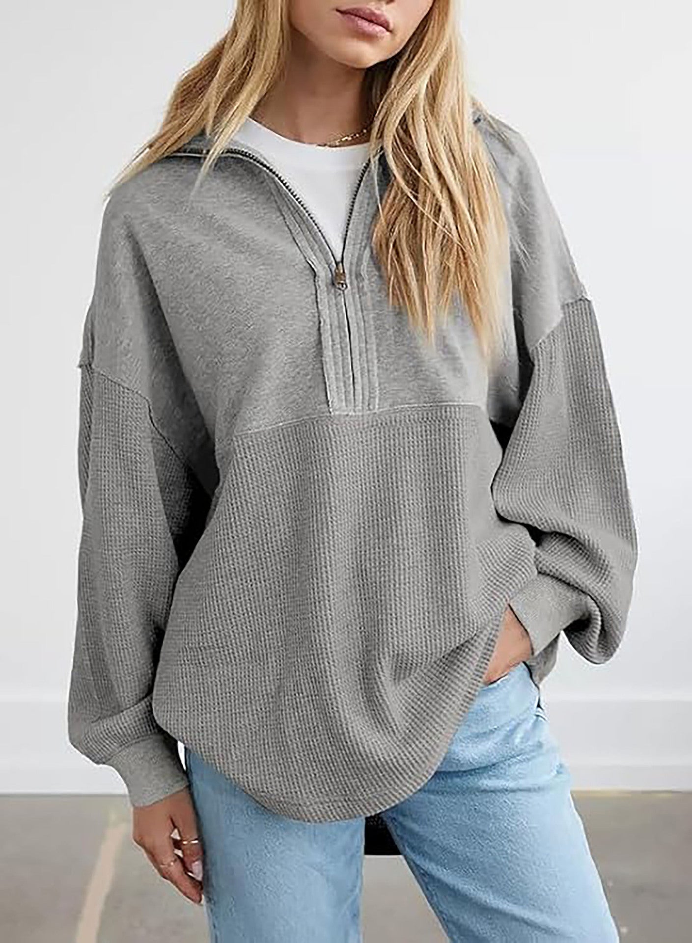 Damen-Sweatshirt décontracté à capuche mi-zippée avec texture Fieldt