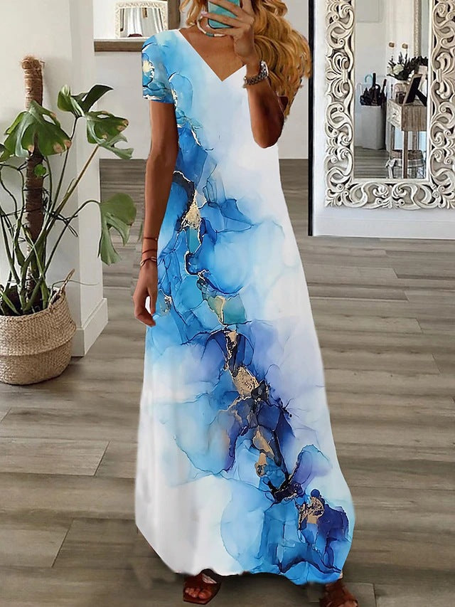 Robe longue à col en V et imprimé marbré abstrait avec manches courtes pour femmes de berg-feldt