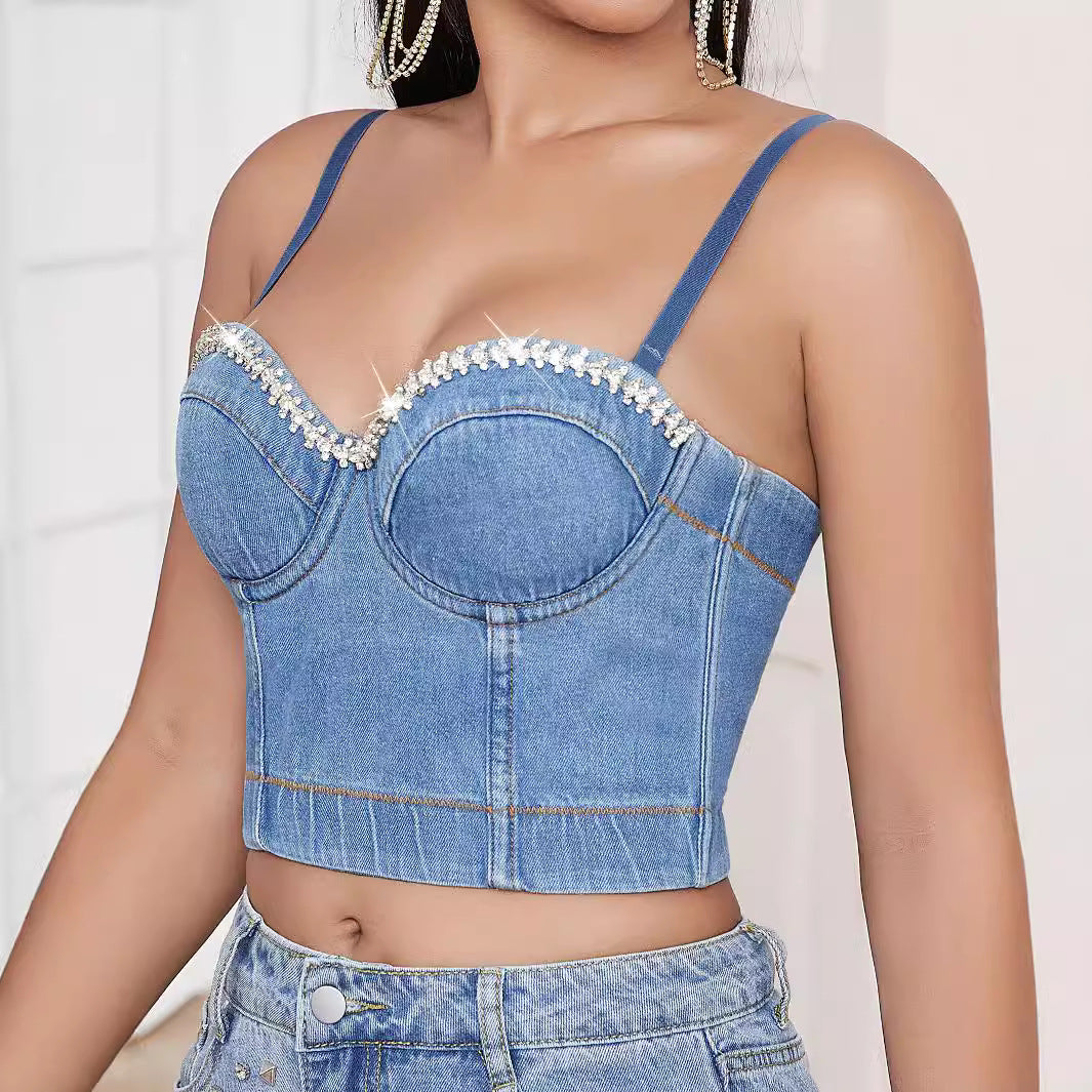 Figurbetontes Damen Denim-Crop-Top mit Strass-Bustier von berg-feldt
 - berg-feldt