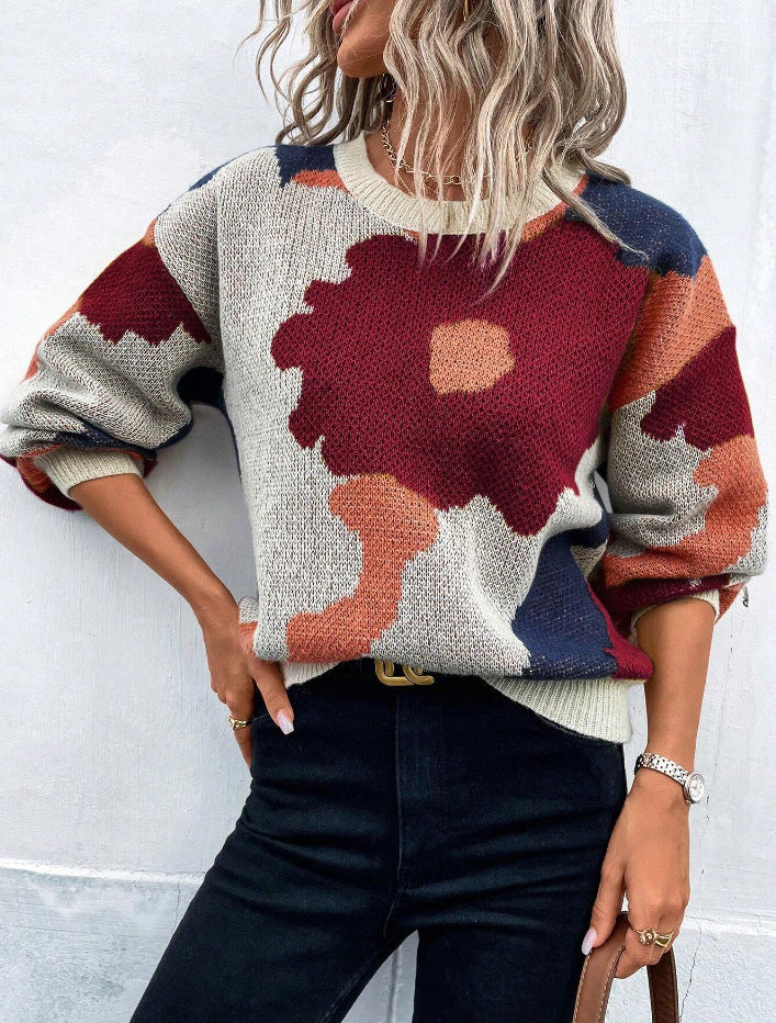Berg-Feldt | Pullover Pullover Strickstoff Lockere Passform Rundhals Ballonärmel Gemustert