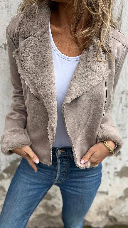 Berg-Feldt Blouson de moto en similicuir pour femme avec doublure en peluche douce
