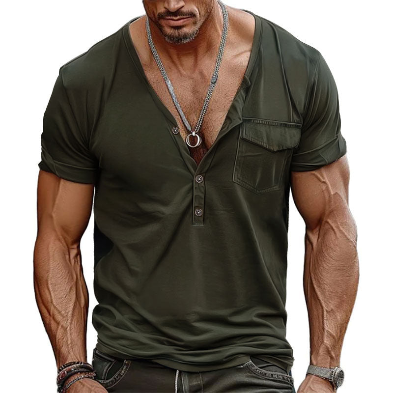 Herren Kurzarm-Henley-T-Shirt mit dekorativer Brusttasche und modernem Schnitt Berg-Feldt