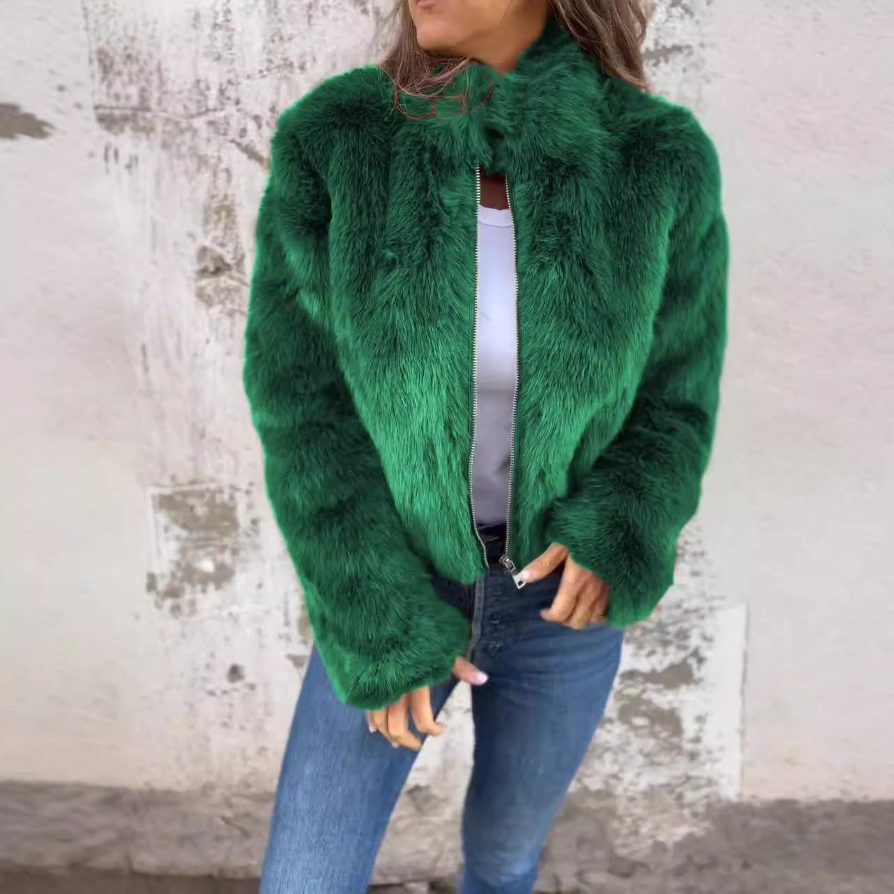 Veste femme en fausse fourrure Berg-Feldt à col montant et fermeture éclair
