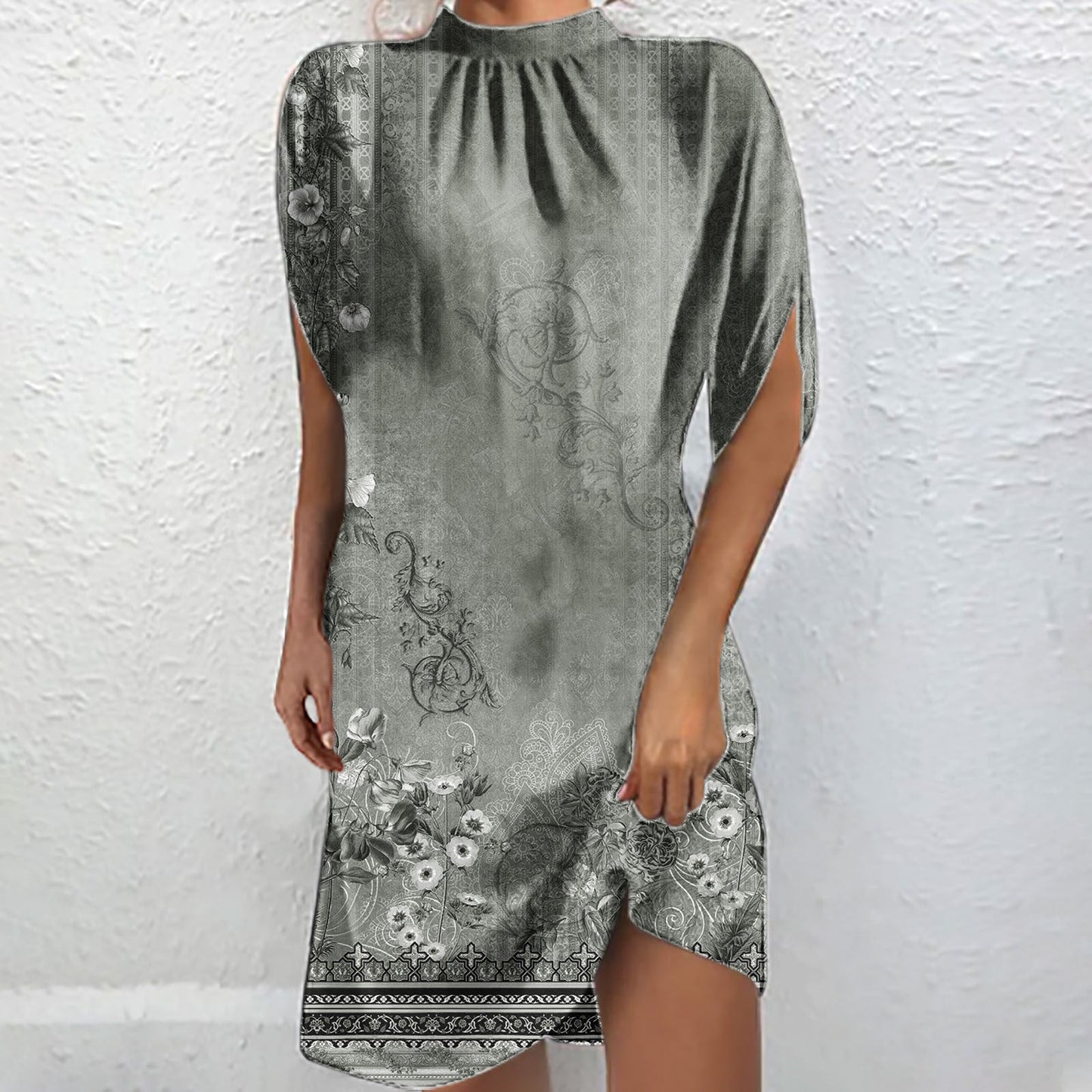 Élégante blouse chauve-souris à manches courtes et col montant imprimée Fudus