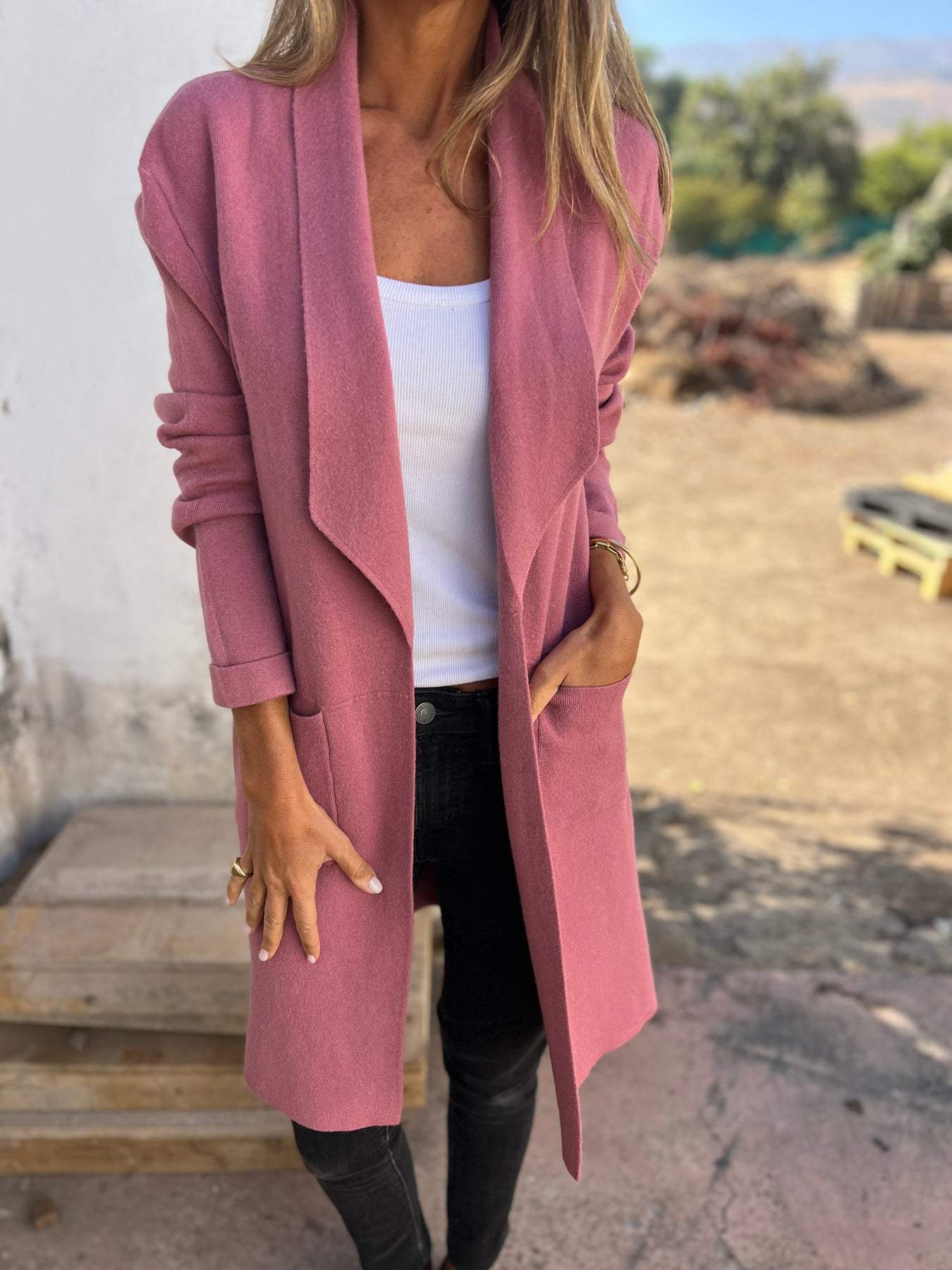 Berg-Feldt | Einfarbiger Langer Taschen Wollstrickjacke