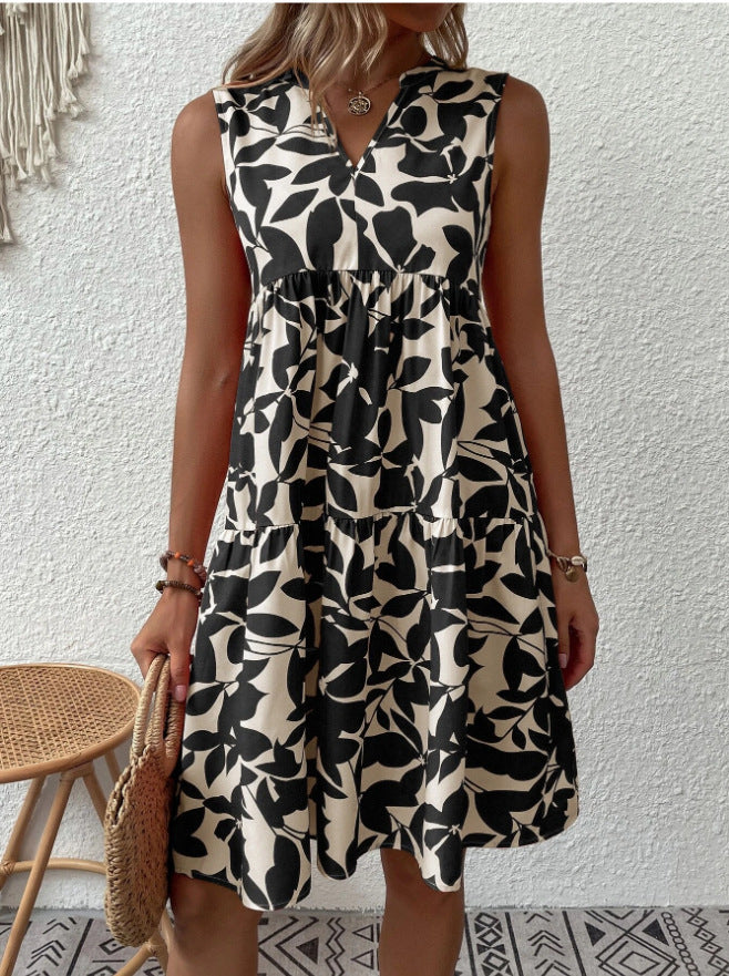 Robe midi étagée pour femme, sans manches, col en V, motif champ de montagne