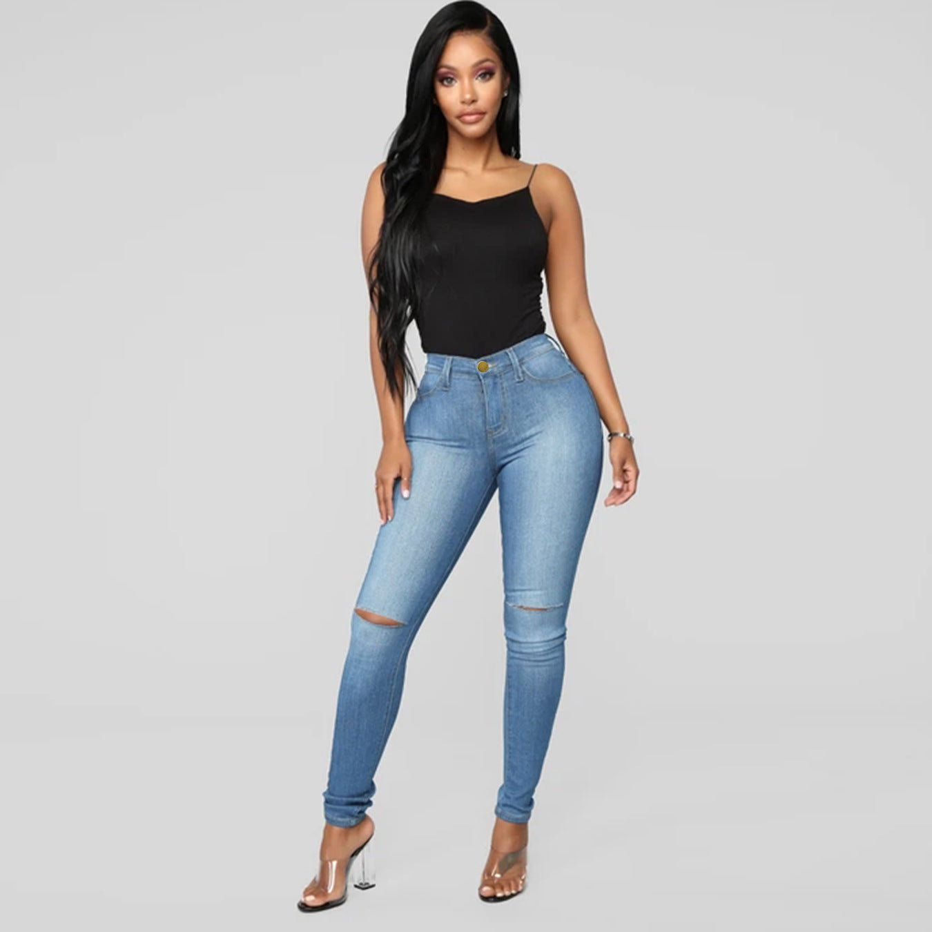 Jean skinny taille haute pour femme Berg-Feldt, avec effets déchirés et stretch