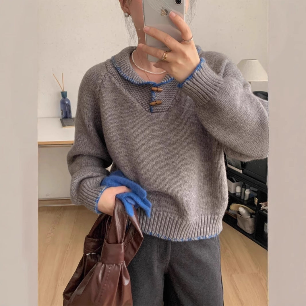Women's Casual Knit Sweater with Unique Button Design and Contrast Details Berg-Feldt