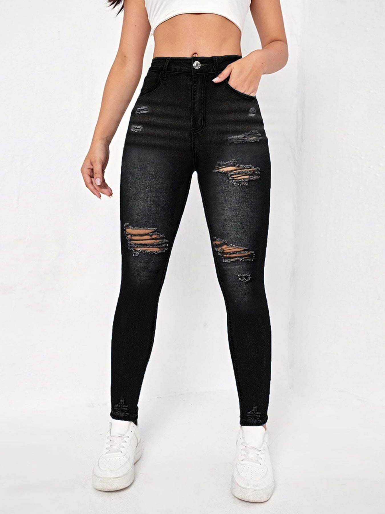 Modische Damen Skinny Jeans mit Destroyed-Effekt, hohem Bund und bequemem Stretch von berg-feldt