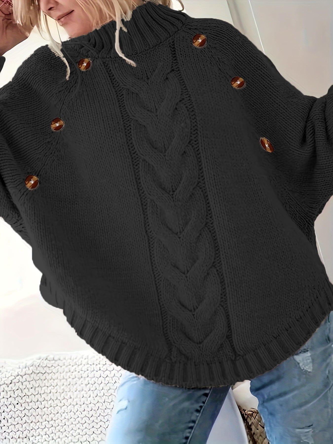 Damen Oversized Strickpullover mit Hochkragen und dekorativen Knopfdetails Berg-Feldt