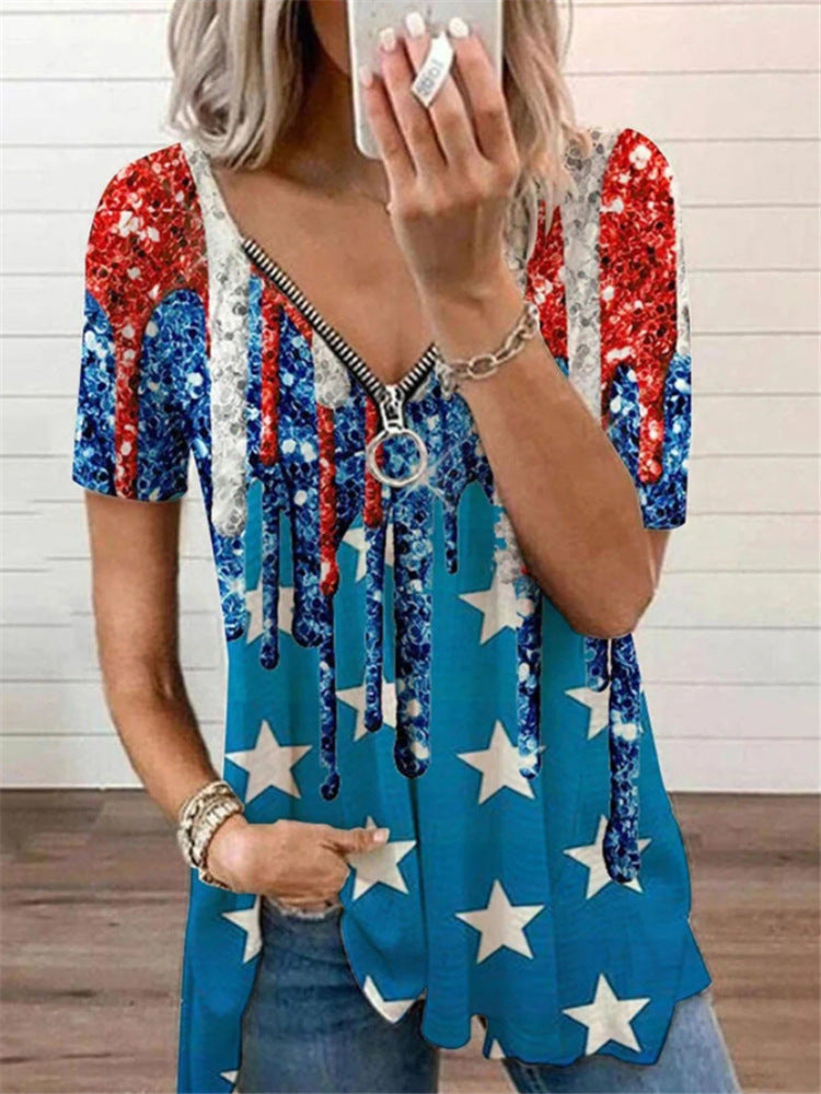 T-shirt pour femme Berg-Feldt avec motif Stars and Stripes et fermeture éclair décorative
