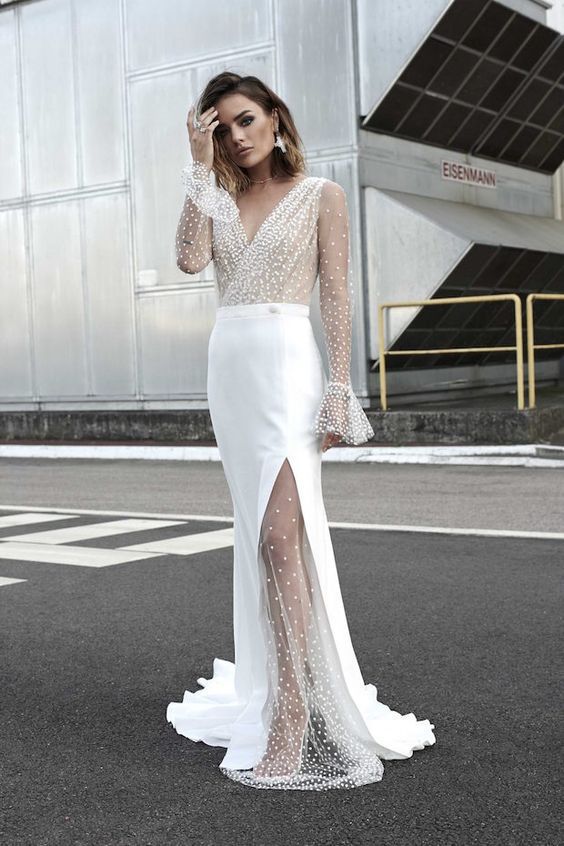Robe de soirée fendue haute pour femme avec haut transparent et applications de perles Berg-Feldt