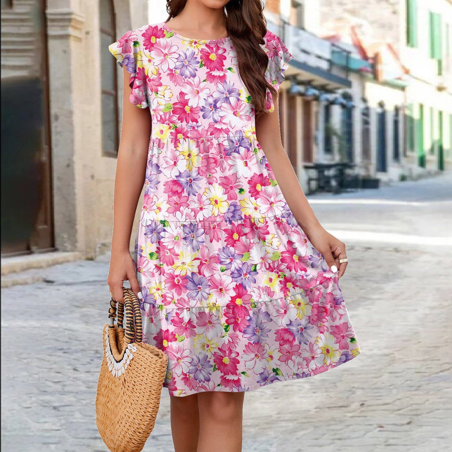 Sommerkleid für Damen, fließend, mit Blumenmuster und Rüschen von berg-feldt
