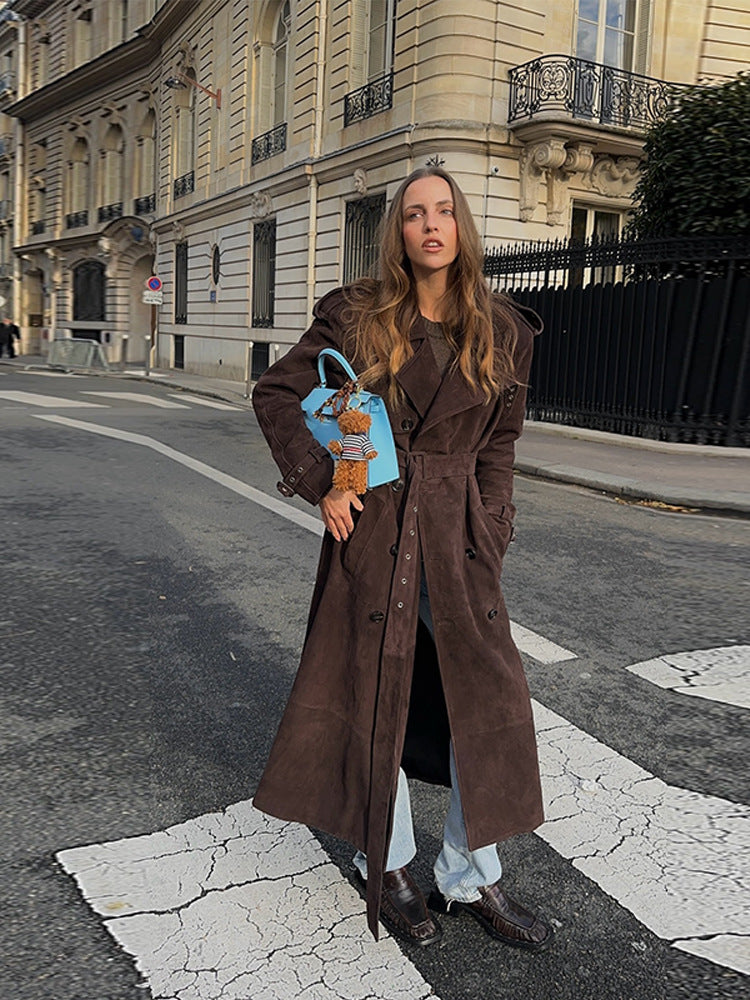Damen Long Trench Coat in Veloursleder-Optik Weich mit Modischen Details Berg-Feldt
