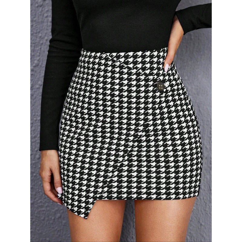 Berg-Feldt Mini-jupe à motif pied-de-poule, ourlet asymétrique et boutons pour femme