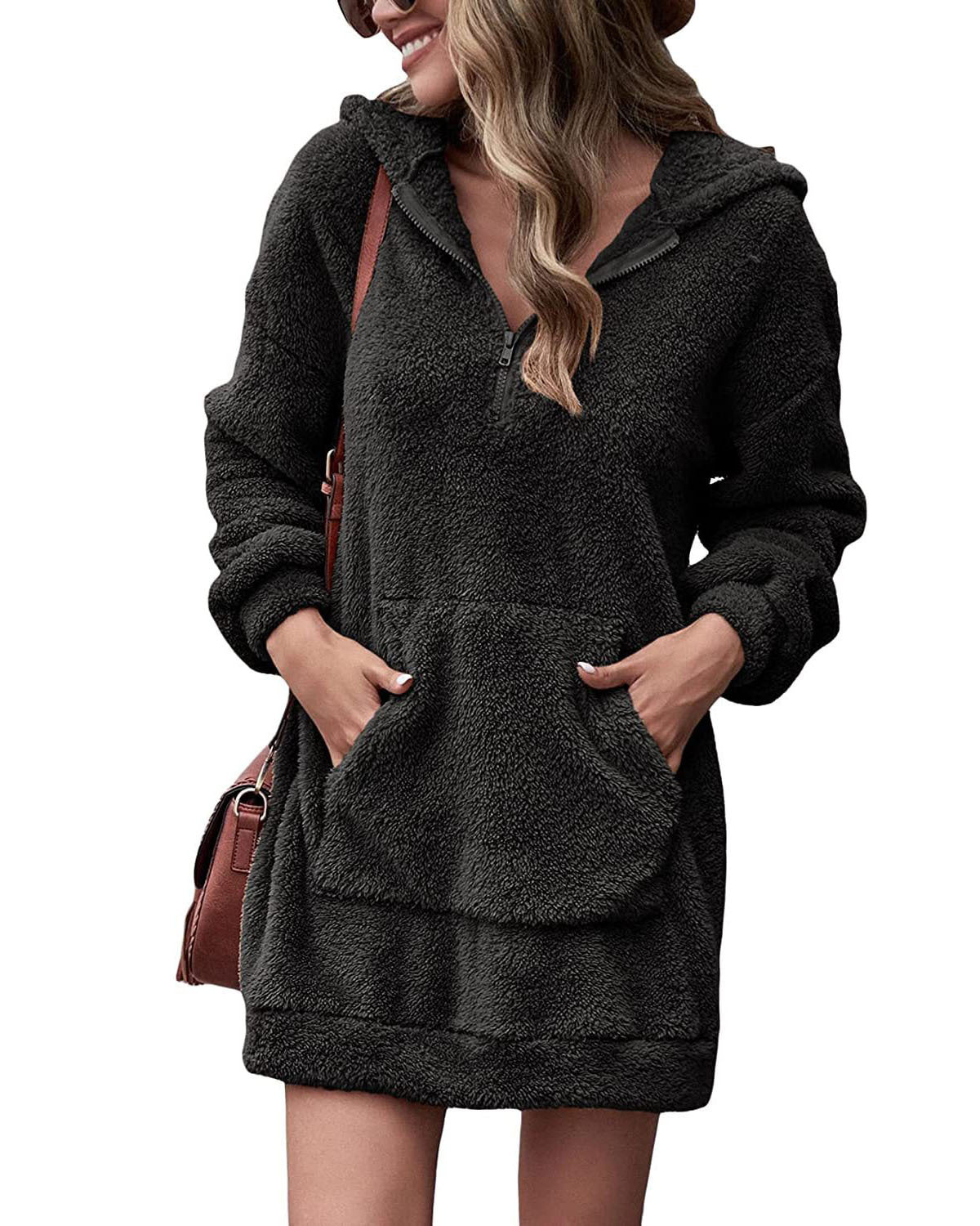 Damen Fleece-Kapuzenkleid mit Taschen und Reißverschluss Berg-Feldt