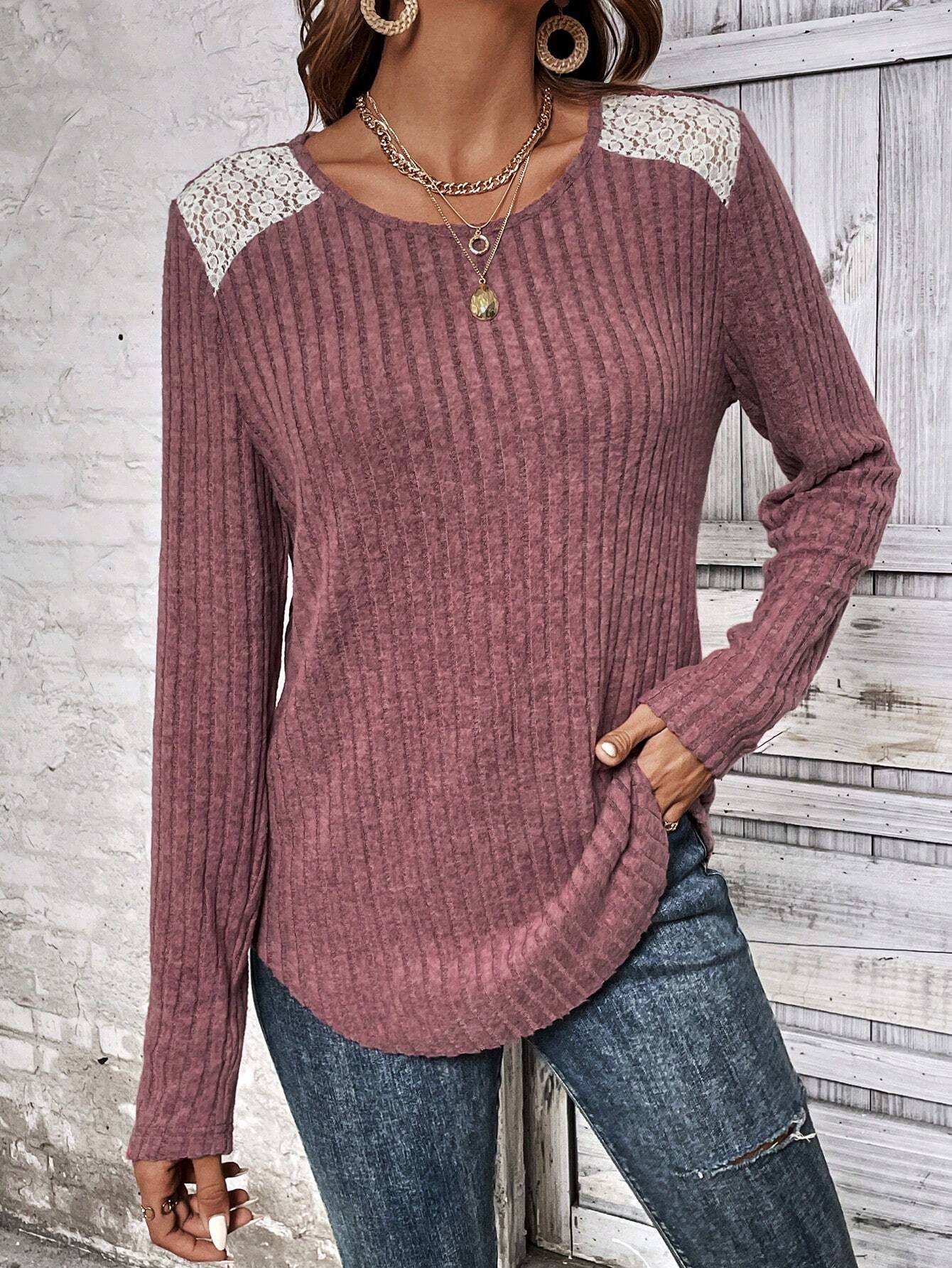 Damen Langarmshirt mit feinen Rippdetails und Spitzenakzenten Berg-Feldt