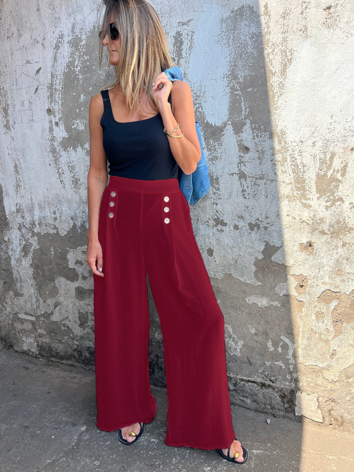 Berg-Feldt Pantalon Palazzo Femme Taille Haute avec Boutons Tendance