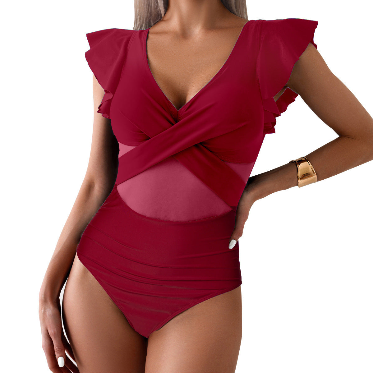 Maillot de bain une pièce élégant pour femme, col en V, à volants, de berg-feldt