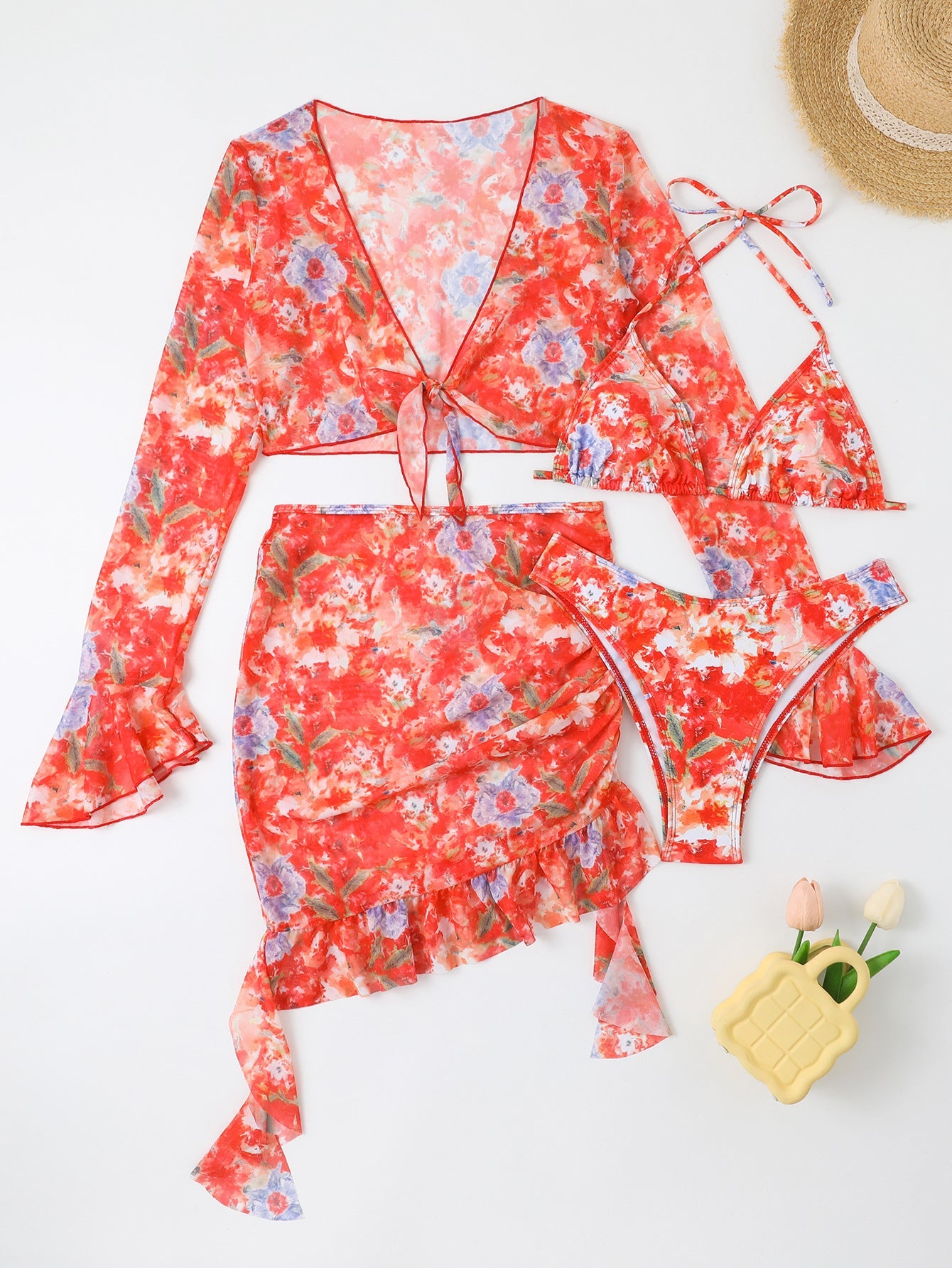 Ensemble bikini pour femme berg-feldt avec motif floral, haut transparent et jupe évasée