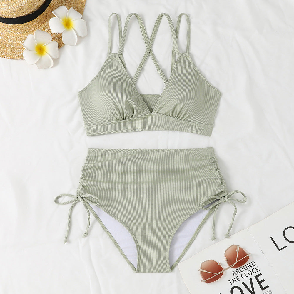 Ensemble bikini côtelé taille haute avec liens ajustables sur les côtés, par berg-feldt pour femme