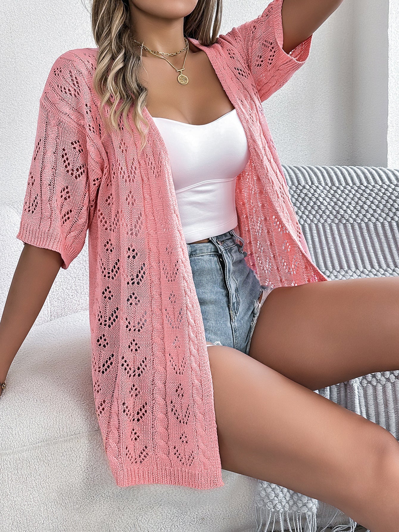 Cardigan à manches courtes pour femmes en crochet aéré de berg-feldt