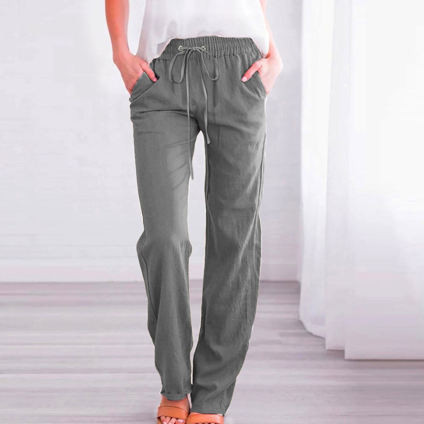 Pantalon en lin confortable pour femme, taille élastique et poches Berg-Feldt