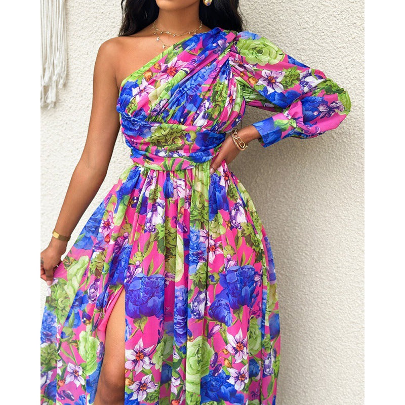 Robe longue femme Berg-Feldt à imprimé floral, coupe asymétrique (une épaule) et fente latérale