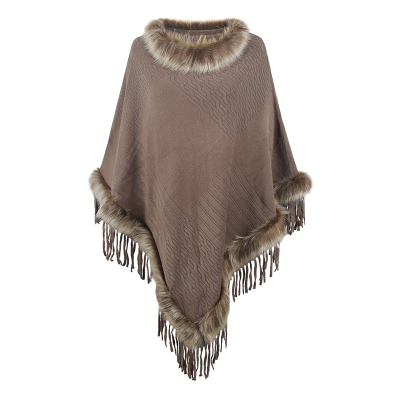 Poncho élégant pour femme avec col luxueux en fausse fourrure et franges décadentes Berg-Feldt