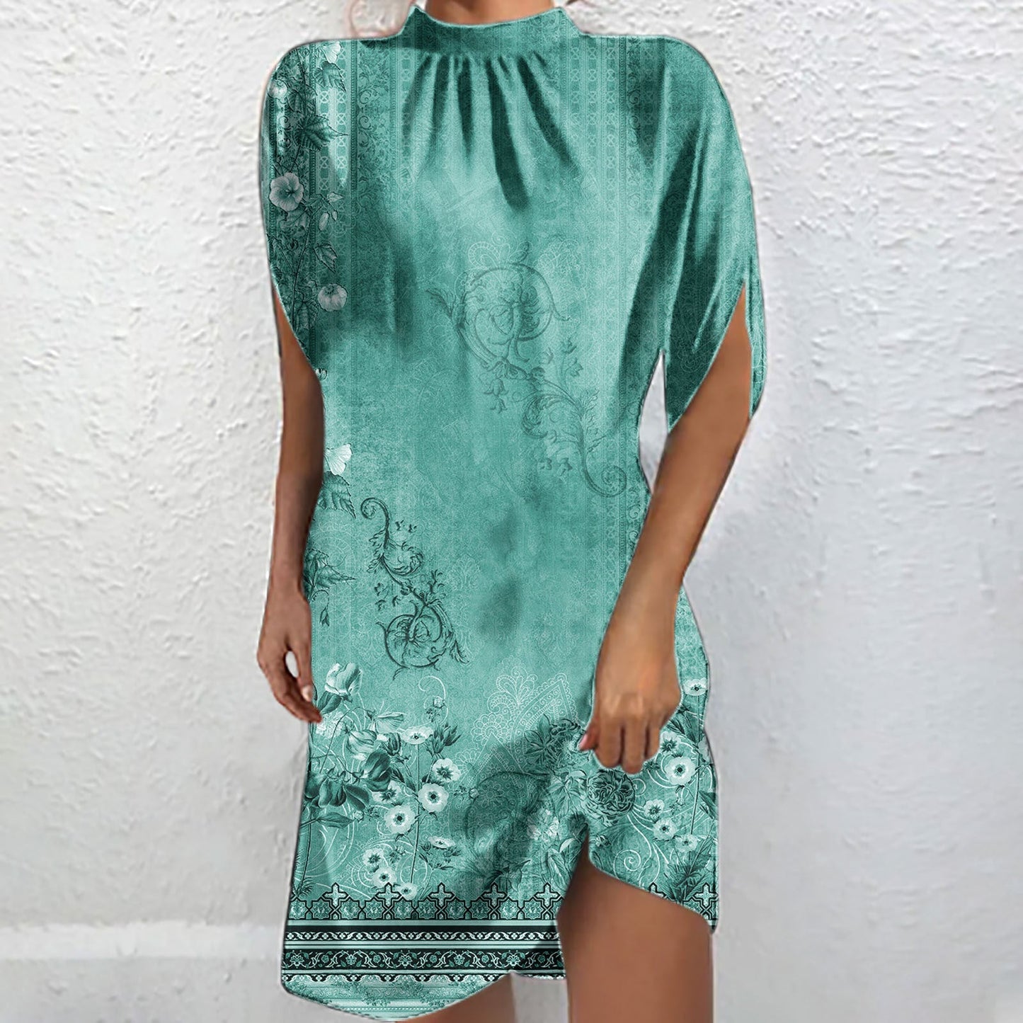 Élégante blouse chauve-souris à manches courtes et col montant imprimée Fudus
