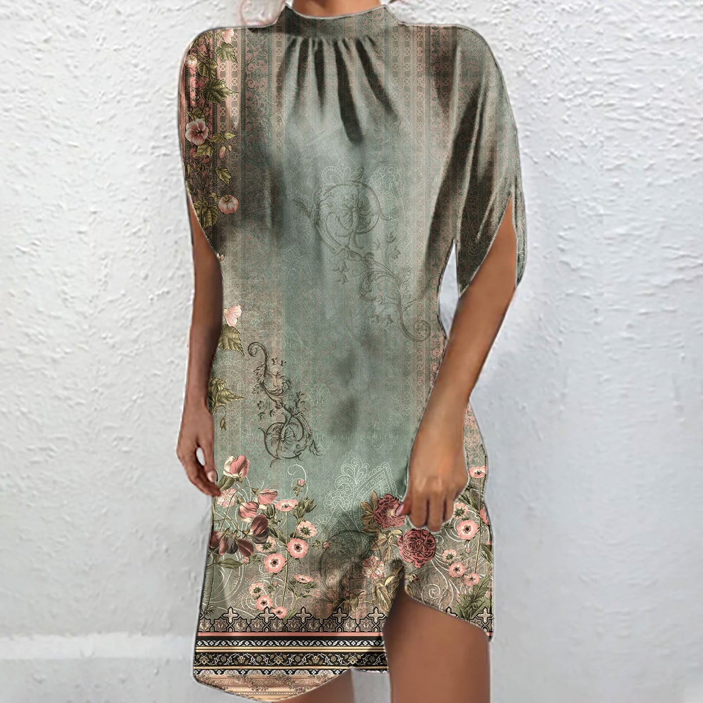 Élégante blouse chauve-souris à manches courtes et col montant imprimée Fudus